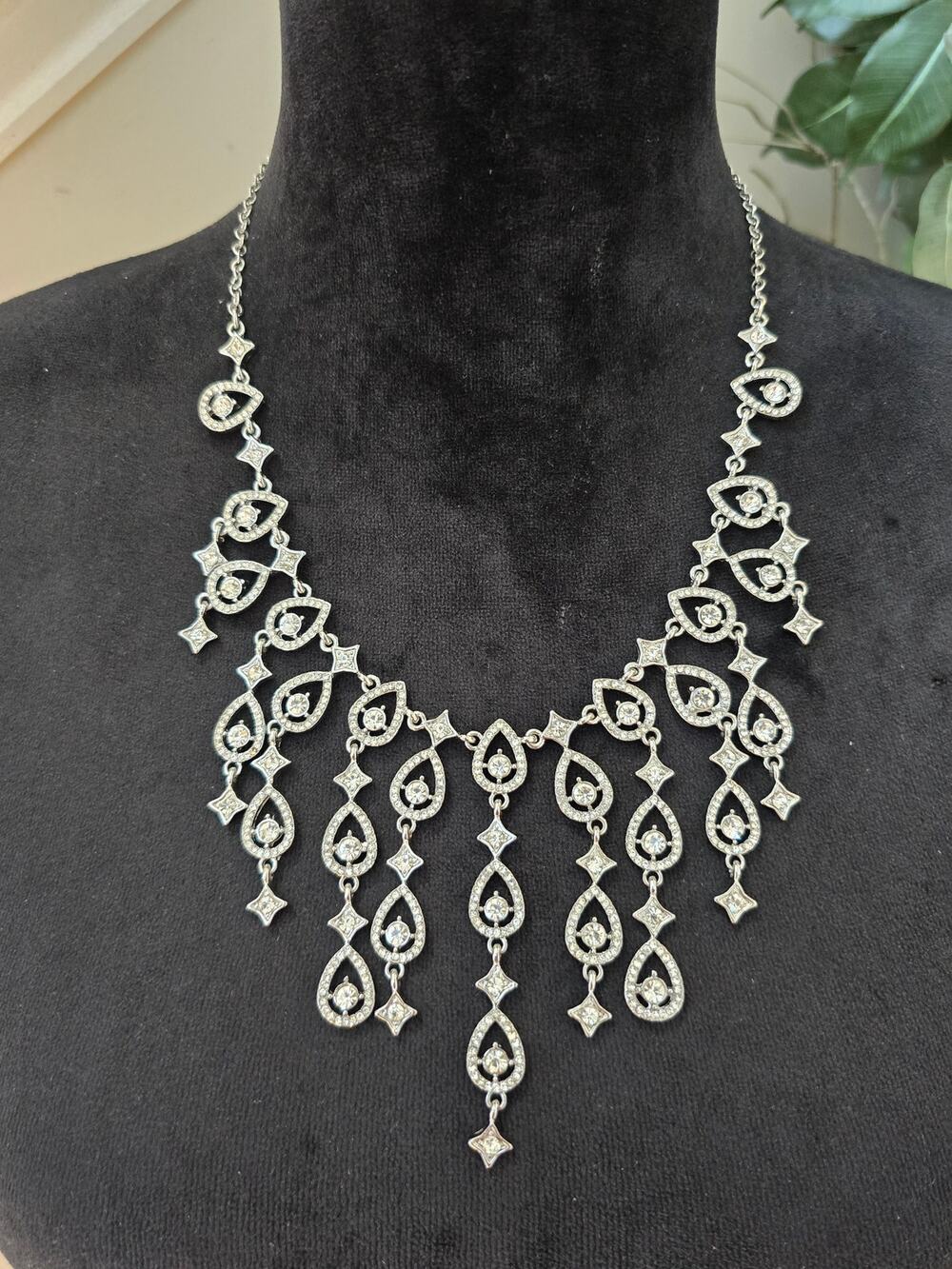 Charming Charlie Silver Tone Rhinestone Chandelier Bib Statement Necklace